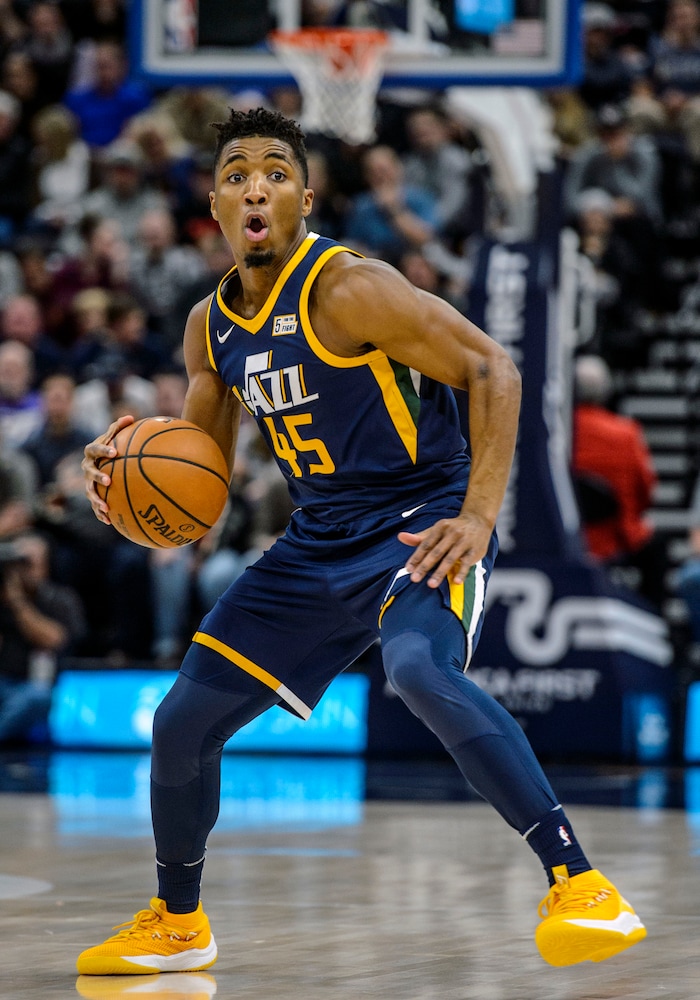 (Steve Griffin  |  The Salt Lake Tribune) Utah Jazz guard Donovan Mitchell (45) drives up court during the the Utah Jazz versus the New Orleans Pelicans NBA basketball game at the Vivint Smart Home Arena in Salt Lake City Wednesday January 3, 2018.