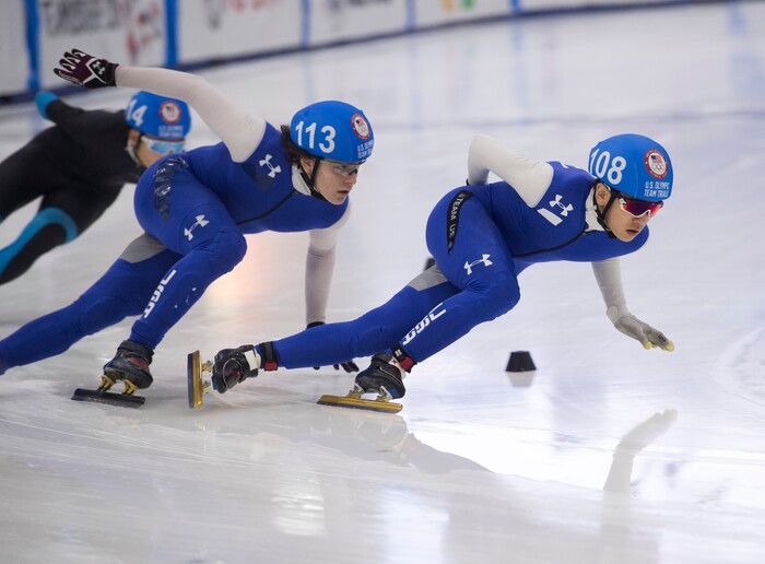 (Scott Sommerdorf   |  The Salt Lake Tribune)   
Brandon Kim leads Gunnar Olson and Aaron Heo through a turn during a men's 1000 meter heat during day 3 of the U.S. short-track Olympic Team Trials at the Utah Olympic Oval, Sunday, December 17, 2017.  
