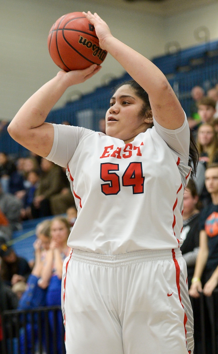 (Leah Hogsten  |  The Salt Lake Tribune) East's Lani Taliauli (54) knocks down a 3-pointer.  East faces Timpview in the championship game of the 5A High School Girls' Basketball Tournament at SLCC in Taylorsville, Saturday, Feb. 24, 2018.