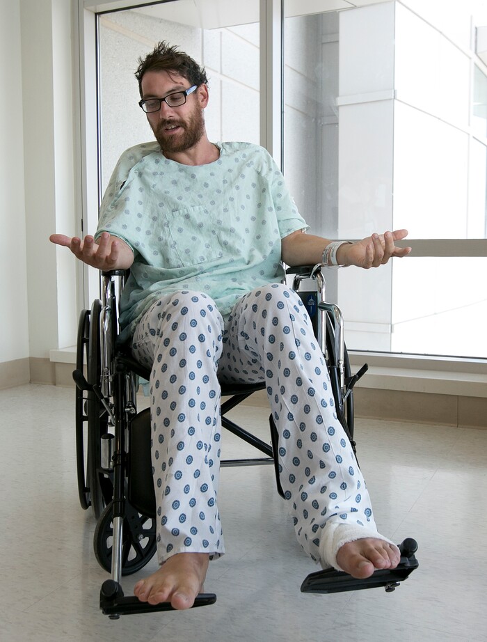 Mathias Steinhuber, of Innsbruck, Austria, who survived being struck by a lighting bolt discusses the near-fatal event, Thursday, Aug. 24, 2017, in Sacramento, Calif. Steinhuber had been hiking the Pacific Crest Trail near Donner Summit Tuesday when he stopped to take a photo and was hit by the lighting. He was taken by helicopter to the the Tahoe Forest Hospital in Truckee, before being flown to the University of California, Davis Hospital Burn Center where he is listed in fair condition. (AP Photo/Rich Pedroncelli)