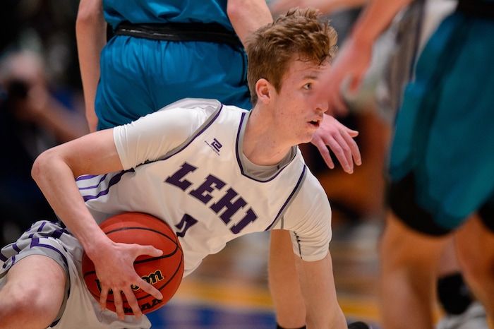 (Trent Nelson | The Salt Lake Tribune) Lehi's Tyson Hawkins as Lehi faces Farmington High School in the 5A boys basketball state championship game, in Taylorsville on Saturday, March 6, 2021.