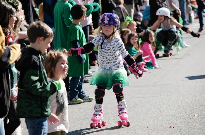 (Francisco Kjolseth | The Salt Lake Tribune) Members of various Utah Roller Derby teams have fun with the crowds as Salt Lake CityÕs Irish community celebrates their 41st annual St. PatrickÕs Day Parade with crowds lining up to take in the festivities.