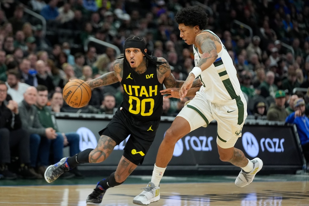 (Morry Gash | AP) Utah Jazz's Jordan Clarkson (00) during the second half of an NBA basketball game Monday, Jan. 8, 2024, in Milwaukee. The Jazz won 132-116, winning two of their last three road games.