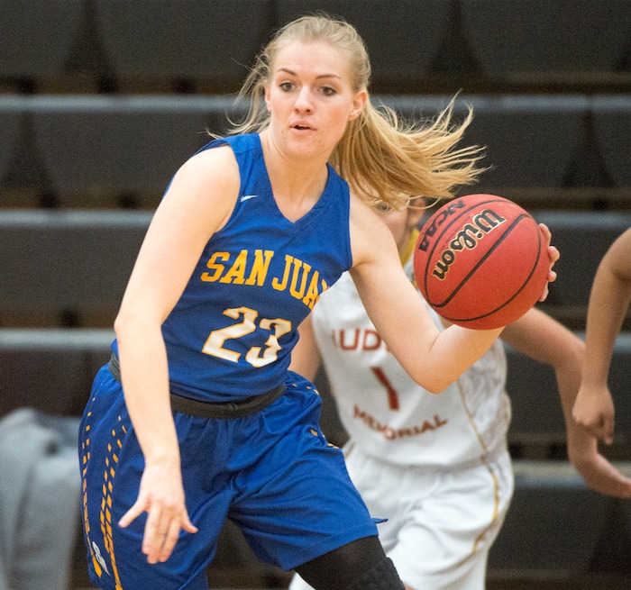 (Rick Egan  |  The Salt Lake Tribune)   Jazzlynn Parry (23) brings the ball down court for San Juan, in 3A Women's basketball State playoff action Judge Memorial vs. San Juan, in Heber City, Friday, Feb. 16, 2018.