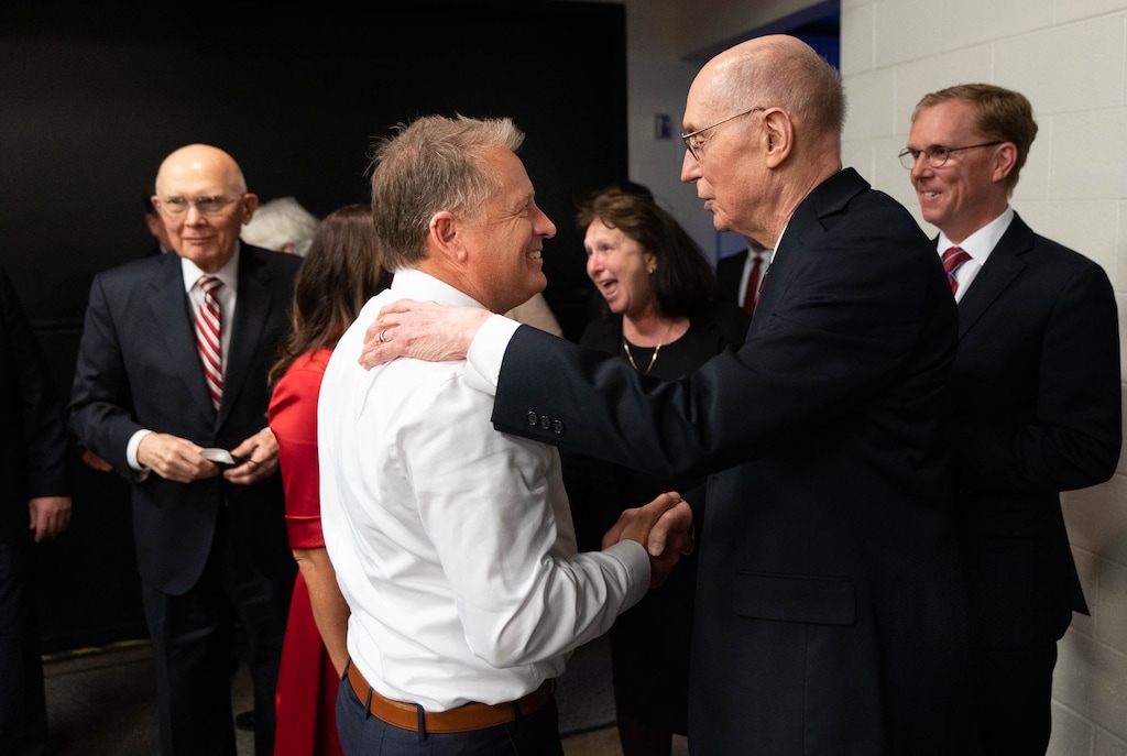 (Francisco Kjolseth | The Salt Lake Tribune) University of Utah President Taylor Randall, left, is greeted by President Henry B. Eyring, second counselor of The Church of Jesus Christ of Latter-day Saints, prior to inauguration ceremonies for Randall as the U’s 17th president at Kingsbury Hall on Wednesday, March 23, 2022. In April 2025, the U. announced that students who go on Latter-day Saint missions — along with other activities — will be able to get school credit for those.
