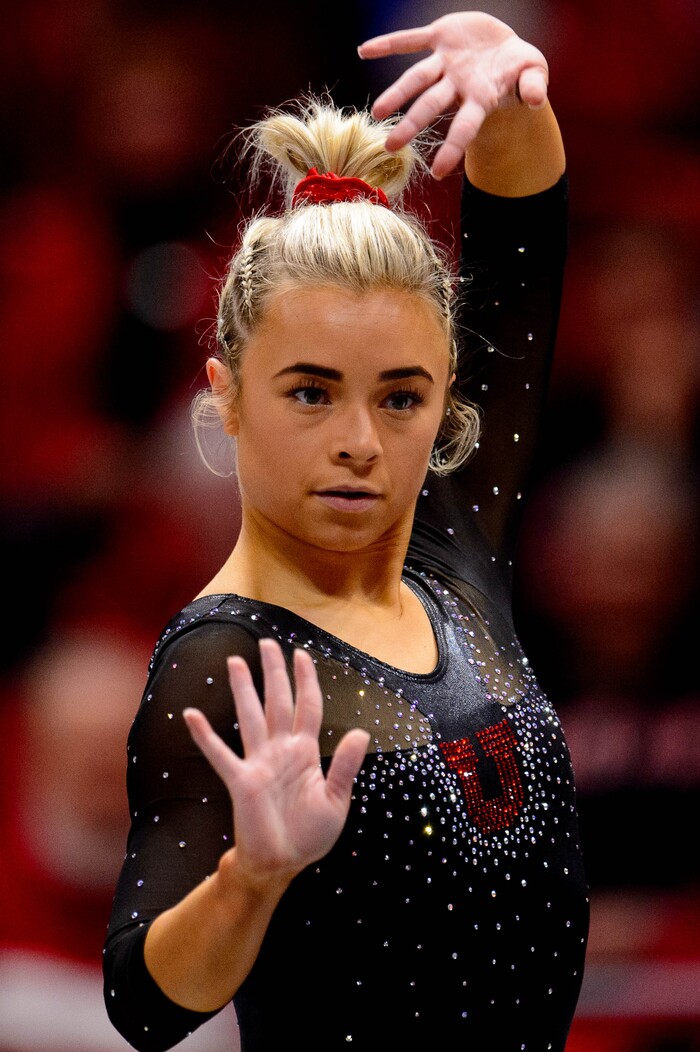 (Trent Nelson  |  The Salt Lake Tribune) Sydney Soloski on the floor as the University of Utah hosts Arizona State, NCAA gymnastics in Salt Lake City on Friday, Jan. 24, 2020.