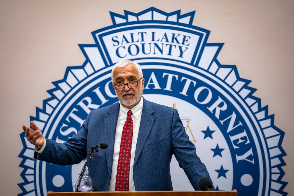 (Rick Egan | The Salt Lake Tribune) Salt Lake County District Attorney Sim Gill announces a charge in the June "No Kings" protest shooting in Salt Lake City on Wednesday, Dec. 3, 2025.