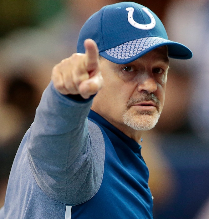 Indianapolis Colts head coach Chuck Pagano runs off the field before an NFL football game against the Houston Texans, Sunday, Dec. 31, 2017, in Indianapolis. (AP Photo/AJ Mast)
