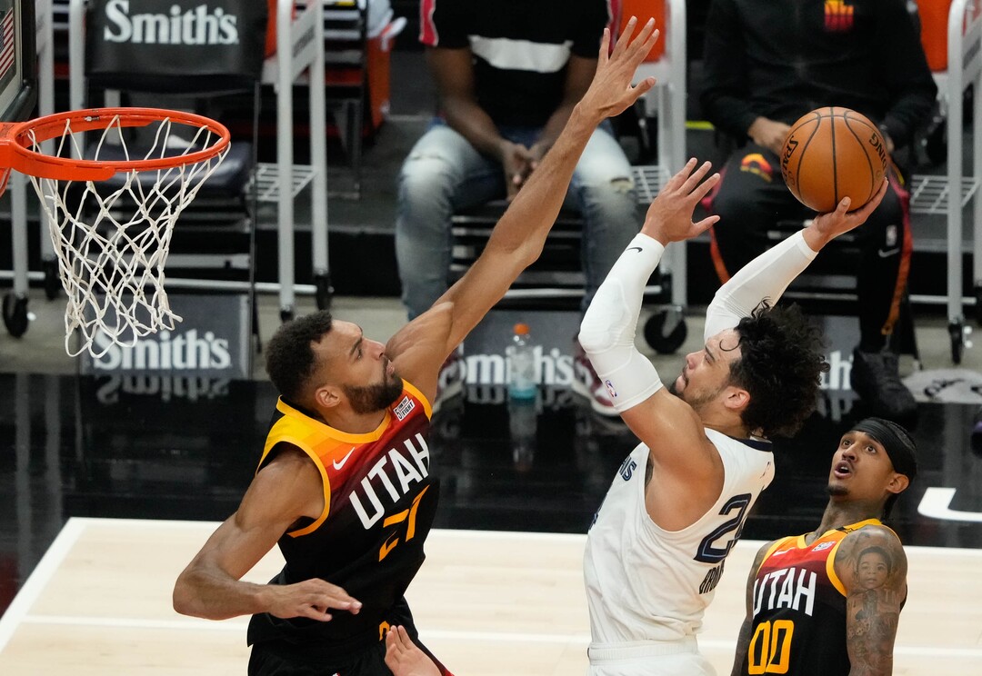 (Francisco Kjolseth | The Salt Lake Tribune) Utah Jazz center Rudy Gobert (27) tries to block Memphis Grizzlies forward Dillon Brooks (24) in the first half of Game 5 of an NBA basketball first-round playoff series Wednesday, June 2, 2021, in Salt Lake City, UT.