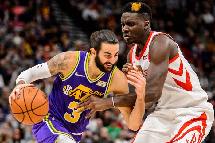(Trent Nelson | The Salt Lake Tribune)  
Utah Jazz guard Ricky Rubio (3) and Houston Rockets center Clint Capela (15). The Utah Jazz host the Houston Rockets, NBA basketball in Salt Lake City on Thursday Dec. 6, 2018.