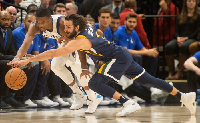 (Rick Egan  |  The Salt Lake Tribune)  Utah Jazz guard Ricky Rubio (3) goes for a loose ball along with Dallas Mavericks guard Dennis Smith Jr. (1), in NBA action Utah Jazz vs. Dallas Mavericks, in Salt Lake City, Monday, October 30, 2017.