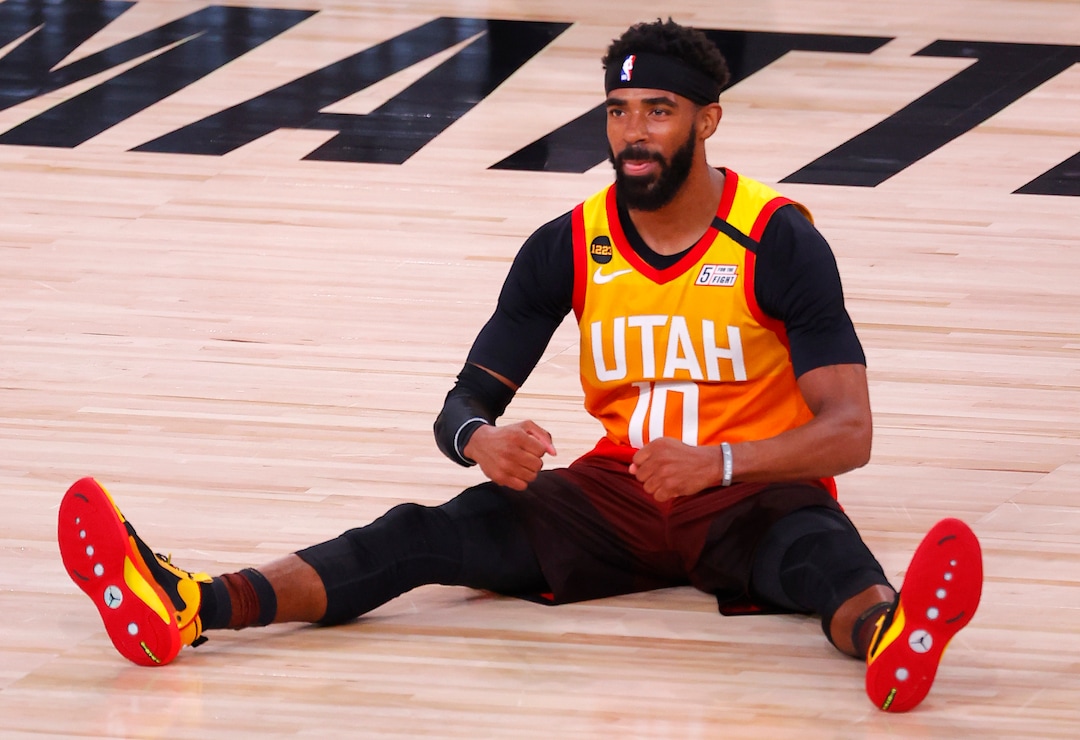 (Mike Ehrmann | Pool via AP) Utah Jazz's Mike Conley reacts after being fouled during the third quarter of Game 3 of an NBA basketball first-round playoff series against the Denver Nuggets, Friday, Aug. 21, 2020, in Lake Buena Vista, Fla.