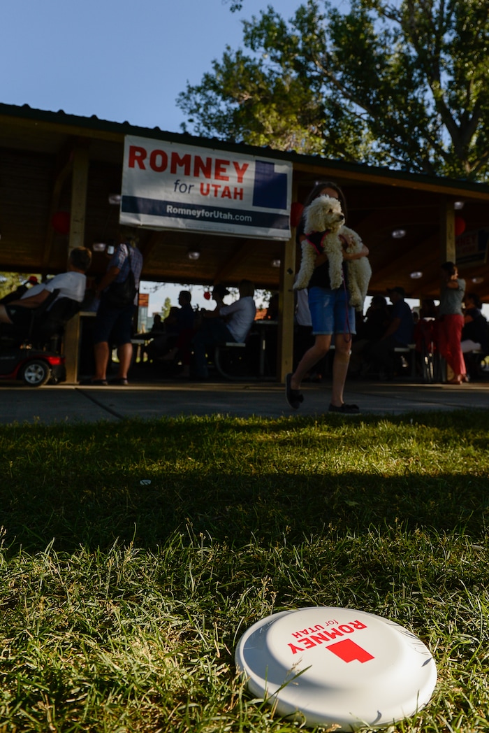 (Francisco Kjolseth | The Salt Lake Tribune) The Romney campaign hosts "Mondays With Mitt" at Veterans Memorial Park in West Jordan on Monday, June 18, 2018 as senate candidate Mitt Romney visits with supporters and takes a few questions with the dozens gathered at the park.