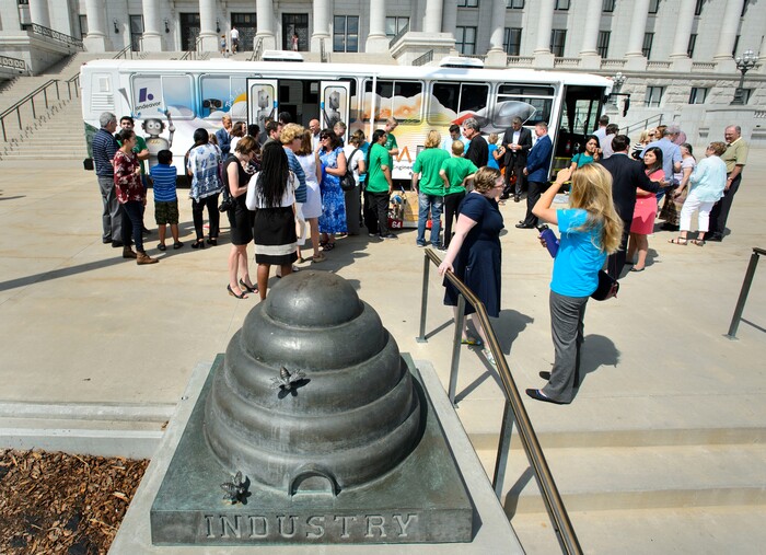 (Steve Griffin | The Salt Lake Tribune) The Utah STEM Bus is parked in front of the Utah State Capitol in Salt Lake City Wednesday August 16, 2017. The Utah STEM Action Center held a ribbon-cutting ceremony to celebrate the launch of the bus into the 2016-2017 school year. The Center transformed a donated Utah Transit Authority bus into a mobile classroom to bring hands-on science, technology, engineering and math experiences to Utah students.