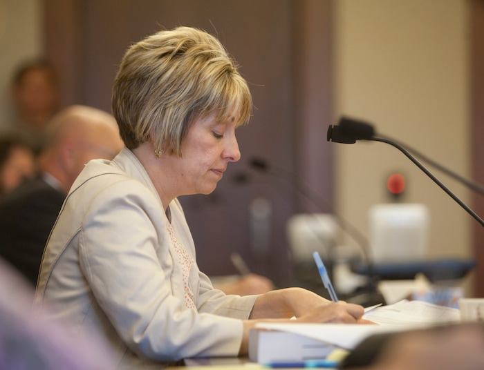 (Chris Caldwell  |  Pool Photo)  Deputy County Attorney Angela Adams during the detention hearing and the initial appearance for the 16-year-old boy accused of bringing a bomb to Pine View High School. Wednesday, March 28, 2018.