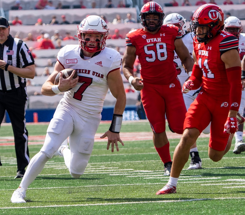 (Rick Egan | The Salt Lake Tribune) Southern Utah Thunderbirds quarterback Grady Robison (7) runs for a touchdown on a quarterback keeper, in football action at Rice-Eccles Stadium between the Utah Utes and the Southern Utah Thunderbirds on Saturday, Sept. 10, 2022.