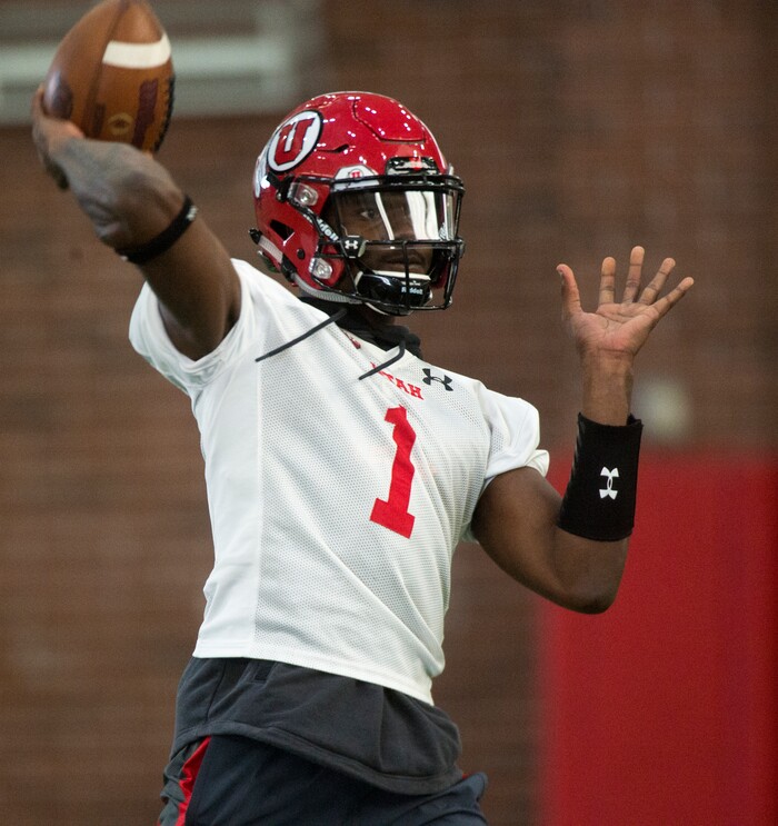 (Rick Egan  |  The Salt Lake Tribune)   Returning starting quarterback Tyler Huntley works out on the first day of Spring practice, Monday, March 5, 2018.


