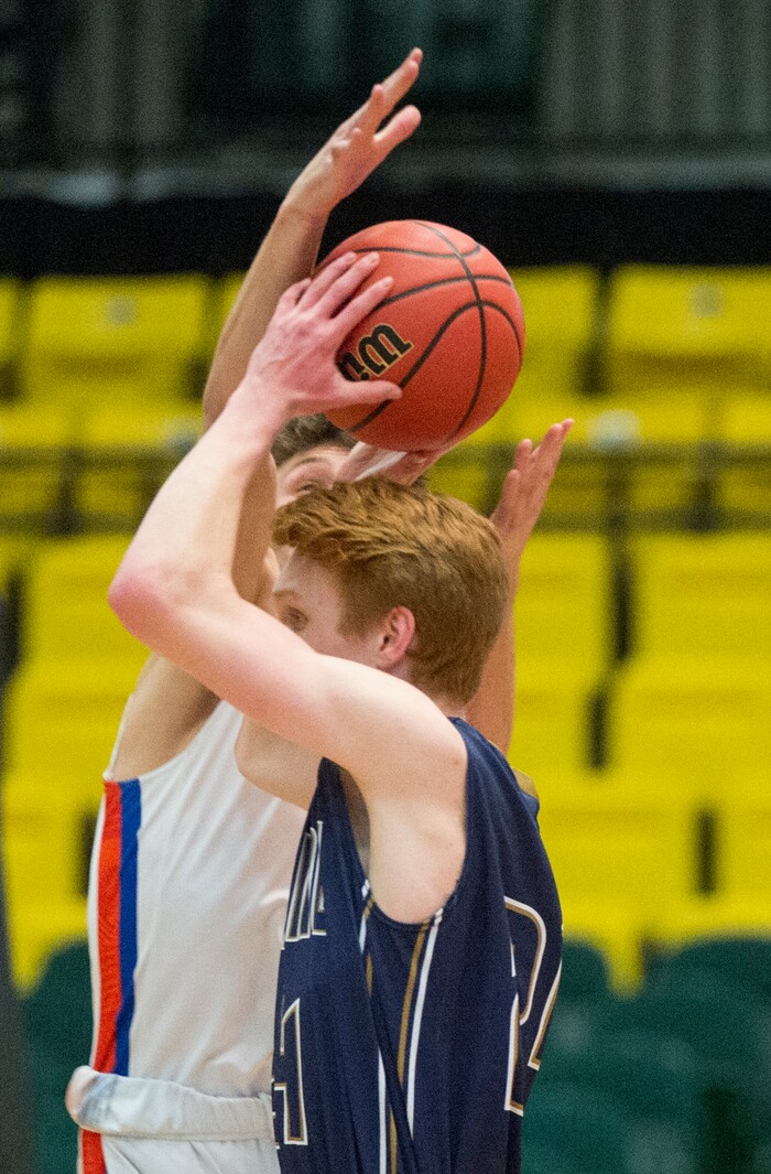 (Rick Egan | The Salt Lake Tribune) Timpview Thunderbirds Rowan Reay (2) is called for a would as he steals the ball form Skyline Eagles Andrew Clark (24) in the final seconds of the game, in 5A basketball playoff action between the Timpview Thunderbirds and at the Skyline Eagles, at the UCCU Center in Orem, Monday, Feb. 26, 2018.