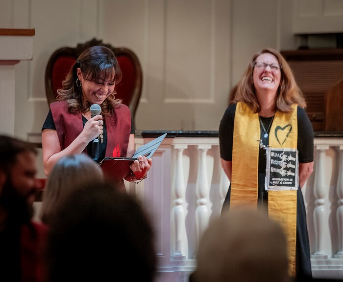 (Michael Mangum  |  Special to the Tribune)

In light spirit, Vicky Chavez speaks to the congregation during a vigil held at First Unitarian Church in Salt Lake City, UT on Wednesday, January 30th, 2019. The vigil marked the one-year anniversary of when Chavez came to the church with her children seeking sanctuary from deportation.
