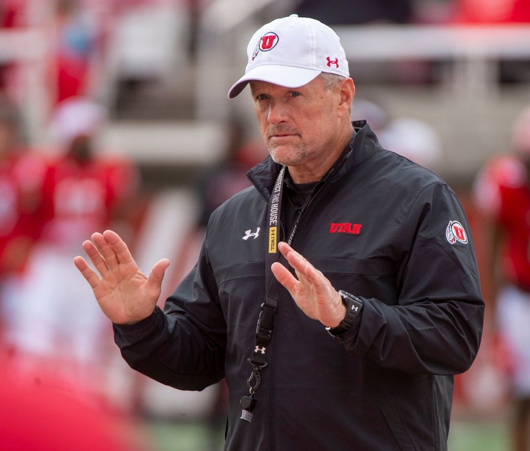 (Rick Egan  |  The Salt Lake Tribune)  Utah Head Coach Kyle Whittingham gives directions to his players, in Utah's spring Red-White game at Rice-Eccles Stadium, Saturday, April 13, 2019.