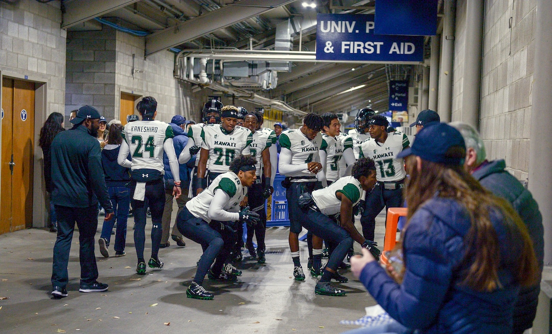 Leah Hogsten  |  The Salt Lake Tribune  The Warriors warm up in the stadium hallway as Brigham Young University hosts Hawaii at Lavell Edwards Stadium in Provo, Saturday Oct. 13, 2018. 