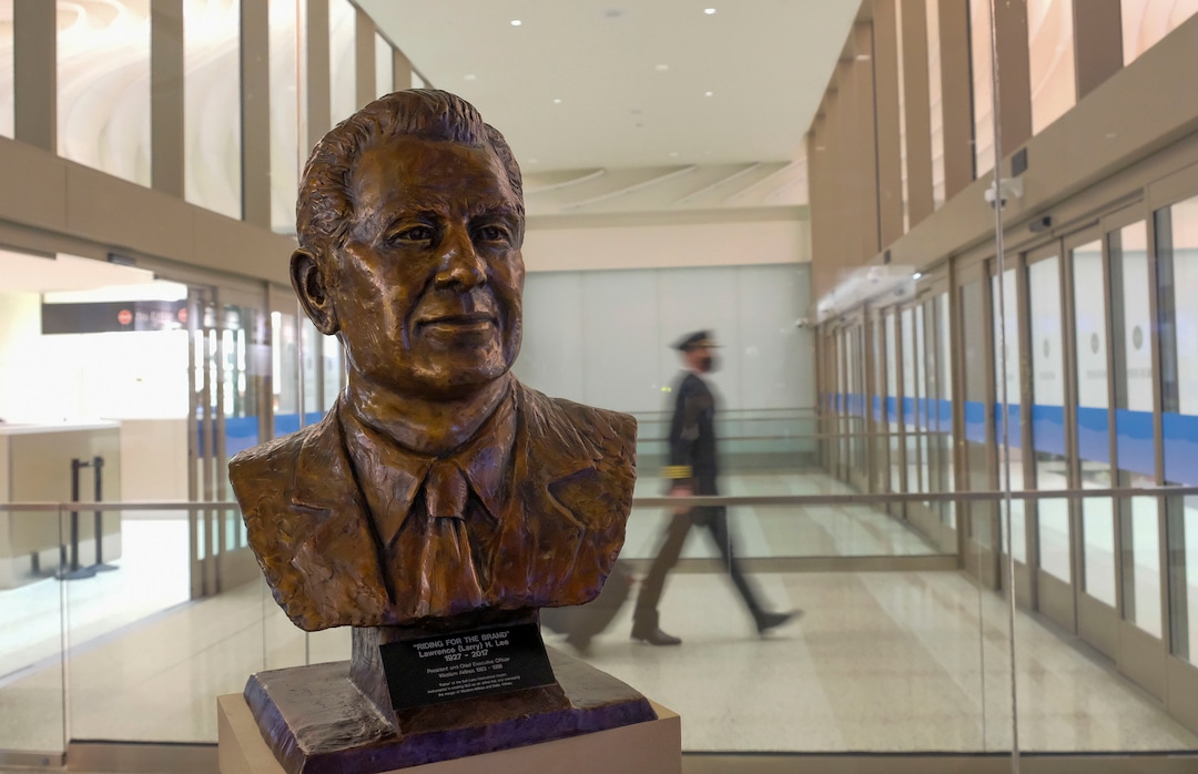 (Leah Hogsten  |  The Salt Lake Tribune) Salt Lake City International Airport commemorated its 100-year anniversary with a bust unveiling of Lawrence H. Lee, Dec. 21, 2020. Lee was the former CEO of Western Airlines, who was responsible for converting what had been a medium-sized airport in 1983 into the nationÕs 23rd busiest with 99 nonstop destinations.