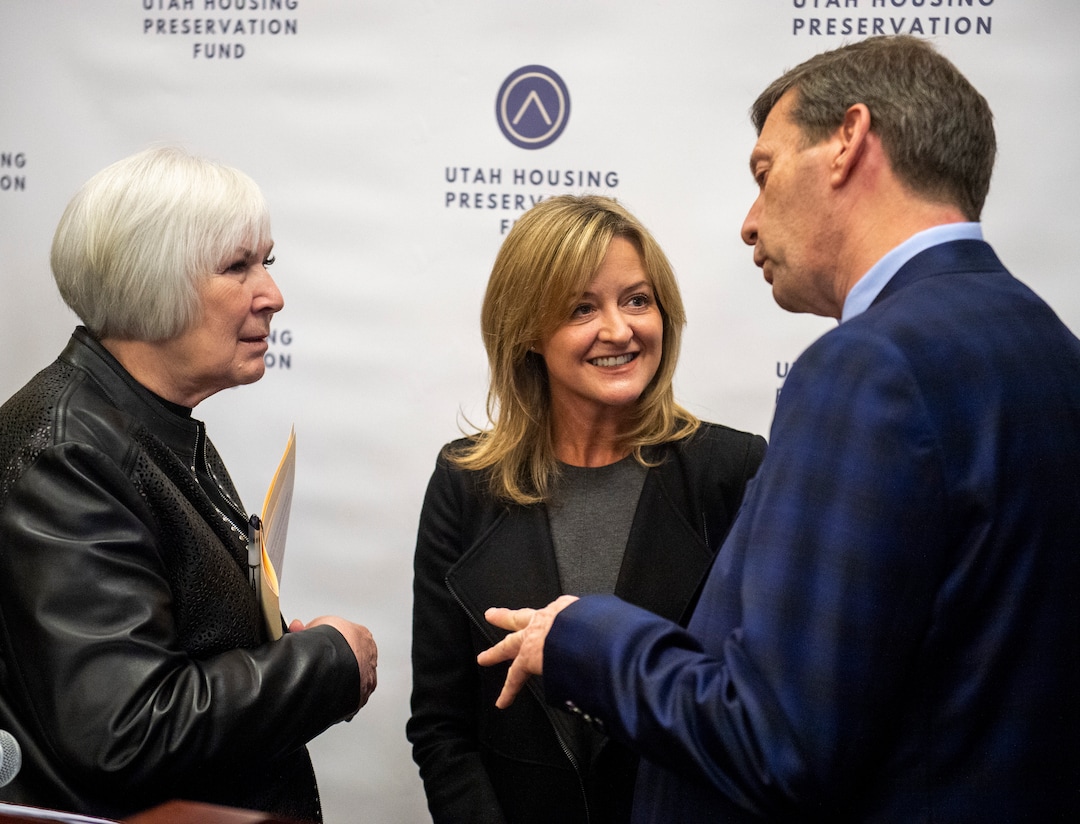 (Rick Egan  |  The Salt Lake Tribune)    Gail Miller and Mikelle Moore visit with Marion Willey, after a news conference about the $100 million private-sector driven effort to preserve affordable housing in Utah, at the Utah State Capitol, Monday March 2, 2020