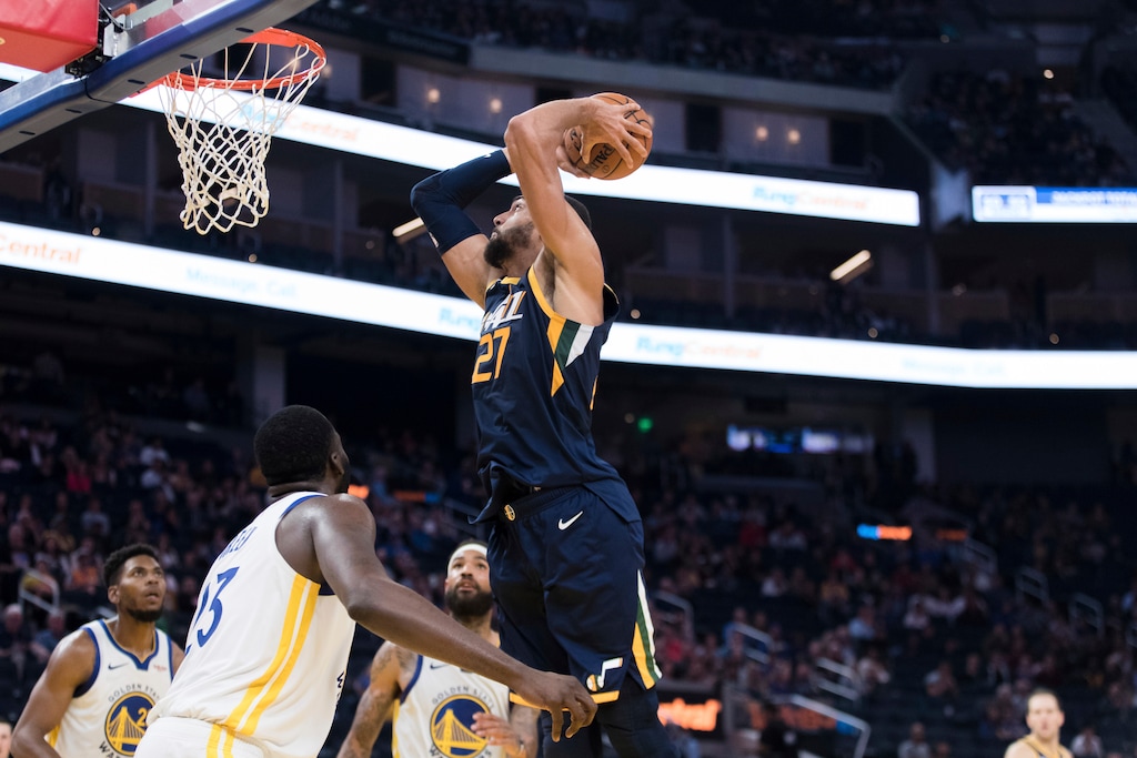 (John Hefti | AP) Utah Jazz center Rudy Gobert (27) shoots against the Golden State Warriors in the second half of an NBA basketball game in San Francisco, Monday, Nov. 11, 2019. The Jazz won 122-108.