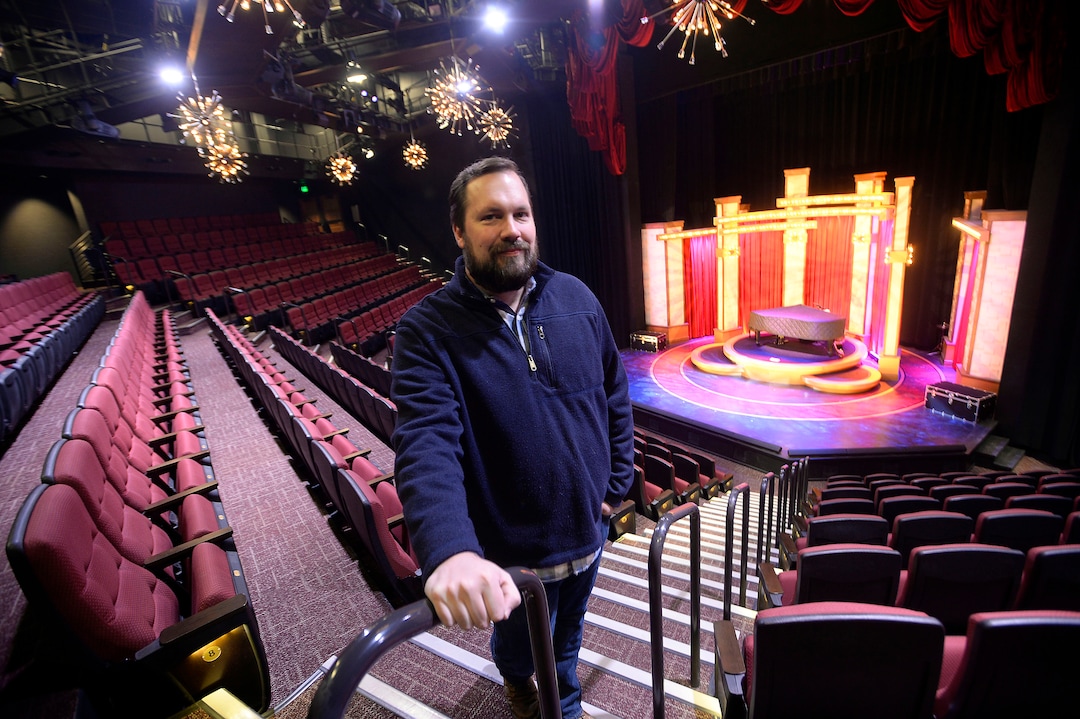 (Al Hartmann  |  The Salt Lake Tribune) Kacey Udy, Hale Centre Theatre production designer, stands inside the Sorenson Legacy Jewel Box Stage, the smaller of the two theaters at the new facility in Sandy. He's working to help stage "Aida," the first show on the Centre Stage.