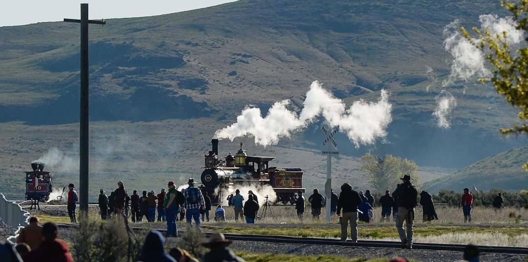 (Francisco Kjolseth  |  The Salt Lake Tribune)  The Jupiter and No. 119 arrive on Friday May 10, 2019, for the celebration of the 150th anniversary of the completion of the transcontinental railroad at Promontory Summit where the two rails met back on May 10, 1869.