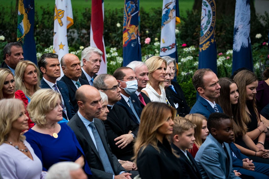 (Al Drago/The New York Times)
Attendees listen as President Donald Trump announces Judge Amy Coney Barrett as his nominee to the Supreme Court at the White House in Washington, Sept. 26, 2020. "A regime dedicated to creating its own reality doesn’t just use language to lie," writes New York Times columnist Michelle Goldberg. "To truly animate lies, those in power must behave as if they’re true, no matter who gets hurt."