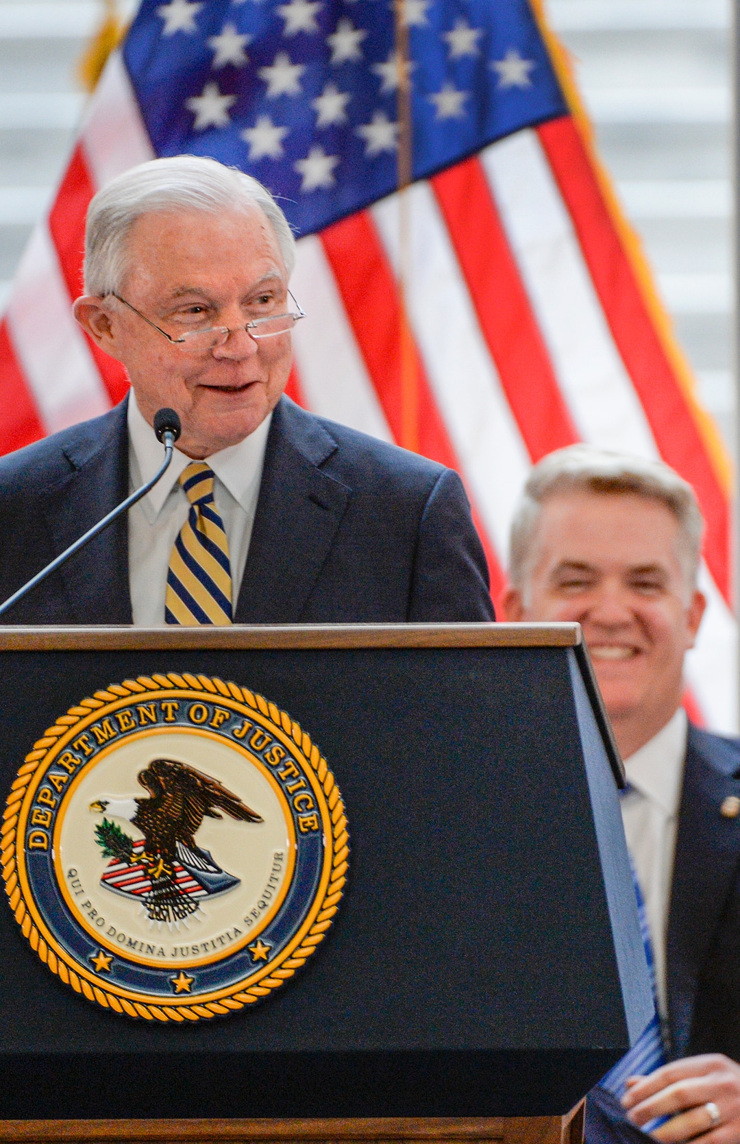 Leah Hogsten  |  The Salt Lake Tribune   U.S. Attorney General Jeff Sessions touted the success of Project Safe Neighborhoods, Wednesday, October 3, 2018, at the Utah Capitol. Wednesday marks the one year anniversary since the Trump administration returned to the policy pushed by the George W. Bush administration. Under Project Safe Neighborhoods, federal prosecutors focus on security stiff sentences for those convicted of gun crimes and reducing violent crimes.