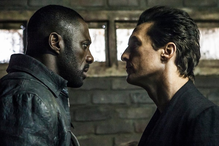 Roland (Idris Elba, left), The Gunslinger, faces off against the Man in Black (Matthew McConaughey), in "The Dark Tower," a fantasy-action thriller based on Stephen King's novels. (Courtesy Columbia Pictures)