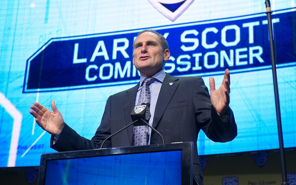 Pac-12 Commissioner Larry Scott speaks at Pac-12 NCAA college football Media Day, Wednesday, July 26, 2017, in the Hollywood section of Los Angeles. (AP Photo/Mark J. Terrill)