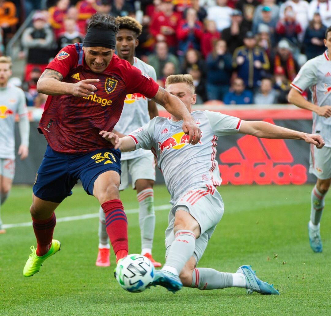 (Rick Egan  |  The Salt Lake Tribune)   New York Red Bulls defender Patrick Seagrist (7) knocks the ball away from Real Salt Lake defender Marcelo Silva (30), in MLS acton between Real Salt Lake and the New York Red Bulls at Rio Tinto Stadium, Saturday, March 7, 2020.
