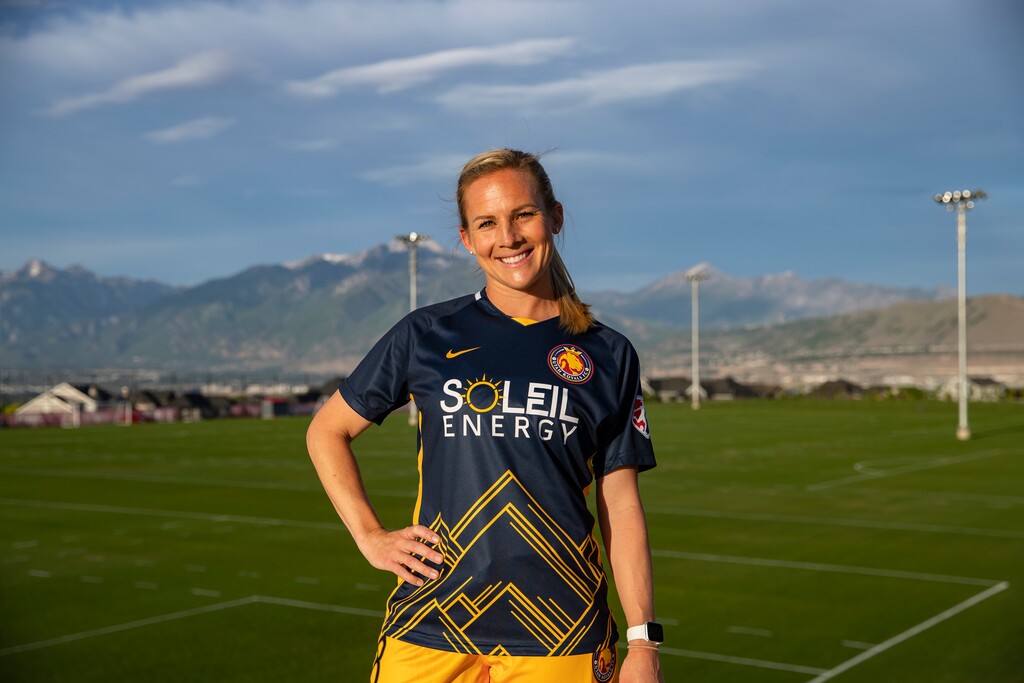 (Photo courtesy of Utah Royals FC) Royals captain Amy Rodriguez shows off the team's new home kits that were unveiled Wednesday, June 17, 2020.