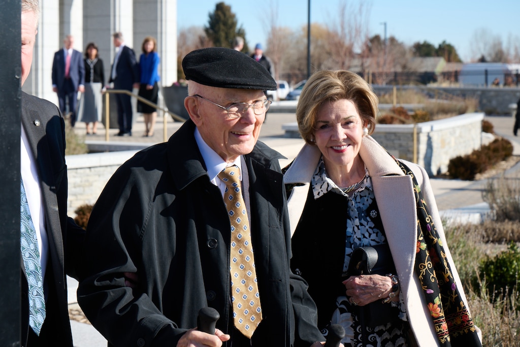(The Church of Jesus Christ of Latter-day Saints) President Dallin H. Oaks and his wife, Kristen, leave the Burley Idaho Temple on Sunday, Jan. 11, 2026, after its dedication.