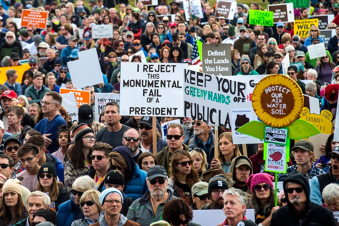 (Chris Detrick  |  The Salt Lake Tribune) Supporters of the Bears Ears and Grand Staircase-Escalante National Monuments rally at the Utah State Capitol Saturday, December 2, 2017.  Utah Highway Patrol estimated 5,000 people attended the rally. 