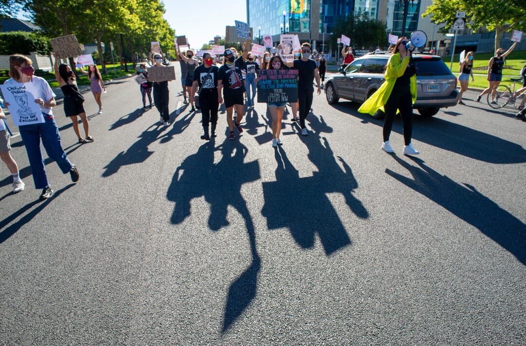 (Rick Egan  |  The Salt Lake Tribune) Protesters walk down 500 South before being forced onto the sidewalk by the Salt Lake City Police during a Justice for Bernardo Palacios-Carbajal protest on Tuesday, June 23, 2020.