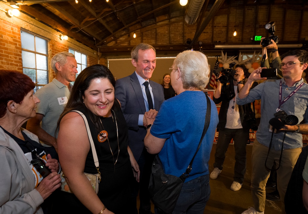 (Bethany Baker  |  The Salt Lake Tribune) First Congressional District Democratic candidate Ben McAdams speaks with supporters after his speech during an election watch party in Salt Lake City on Tuesday, June 23, 2026.