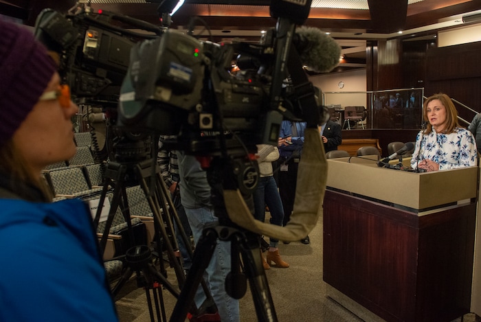 (Rick Egan  |  The Salt Lake Tribune)    New Salt Lake County Mayor Jenny Wilson answers questions from the media, after being sworn in as the new Salt Lake County Mayor, Tuesday, Jan. 29, 2019.