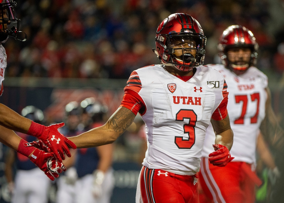 (Rick Egan  |  The Salt Lake Tribune)      Utah Utes wide receiver Demari Simpkins reacts after scoring a touchdown, in PAC-12 action between the Utah Utes and the Arizona Wildcats in Tucson, Saturday, Nov. 23, 2019.
