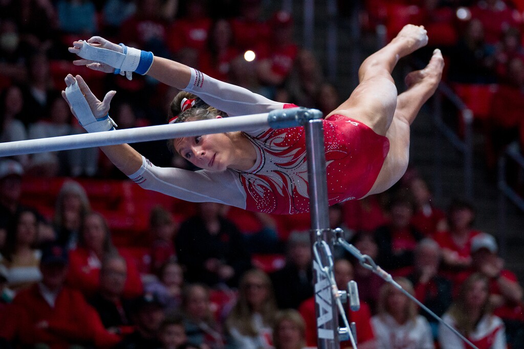 (Trent Nelson  |  The Salt Lake Tribune) Utah's Grace McCallum, performing on the bars against Arizona State on Jan. 26, scored a 9.950 on bars in a meet against Cal on Saturday.