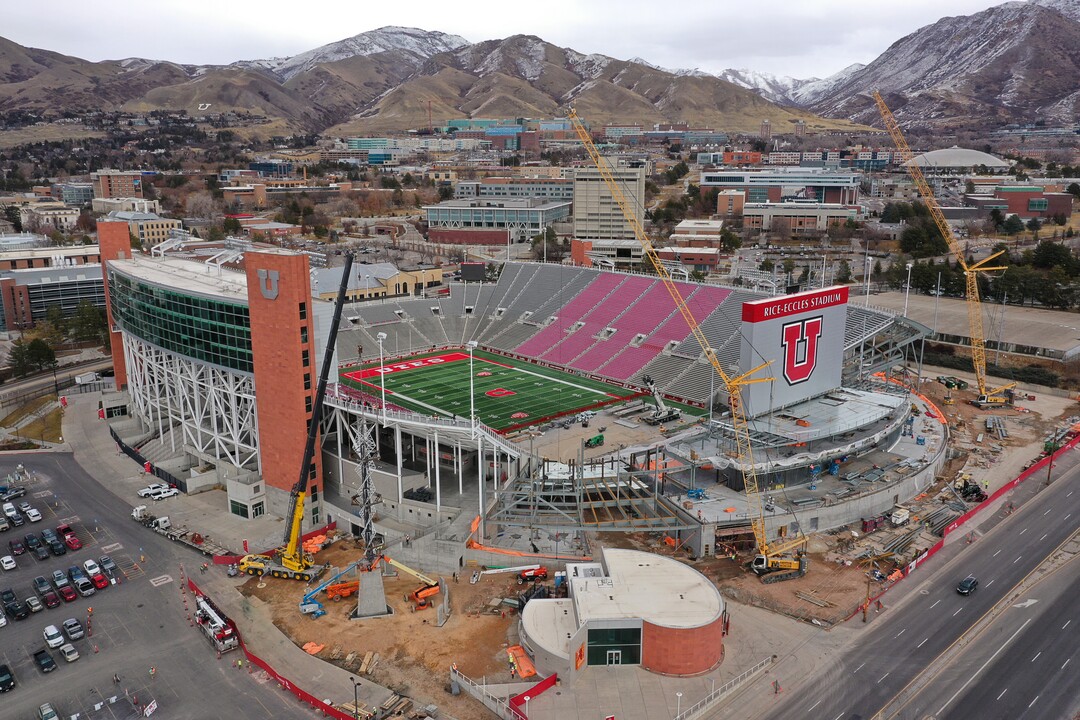 (Francisco Kjolseth  |  The Salt Lake Tribune) The Olympic cauldron is returned to the University of Utah on Friday, Jan. 29, 2021, after a refurbishment to lengthen its life span. Removed in February 2020, the cauldron was transported to an off-site location, where all 738 glass panes were removed and the complete structure was sandblasted and refinished. The refurbished structure was placed on a newly constructed, 17-foot-tall pedestal, just north of the stadium ticket office, with plans to add high-quality glass.
