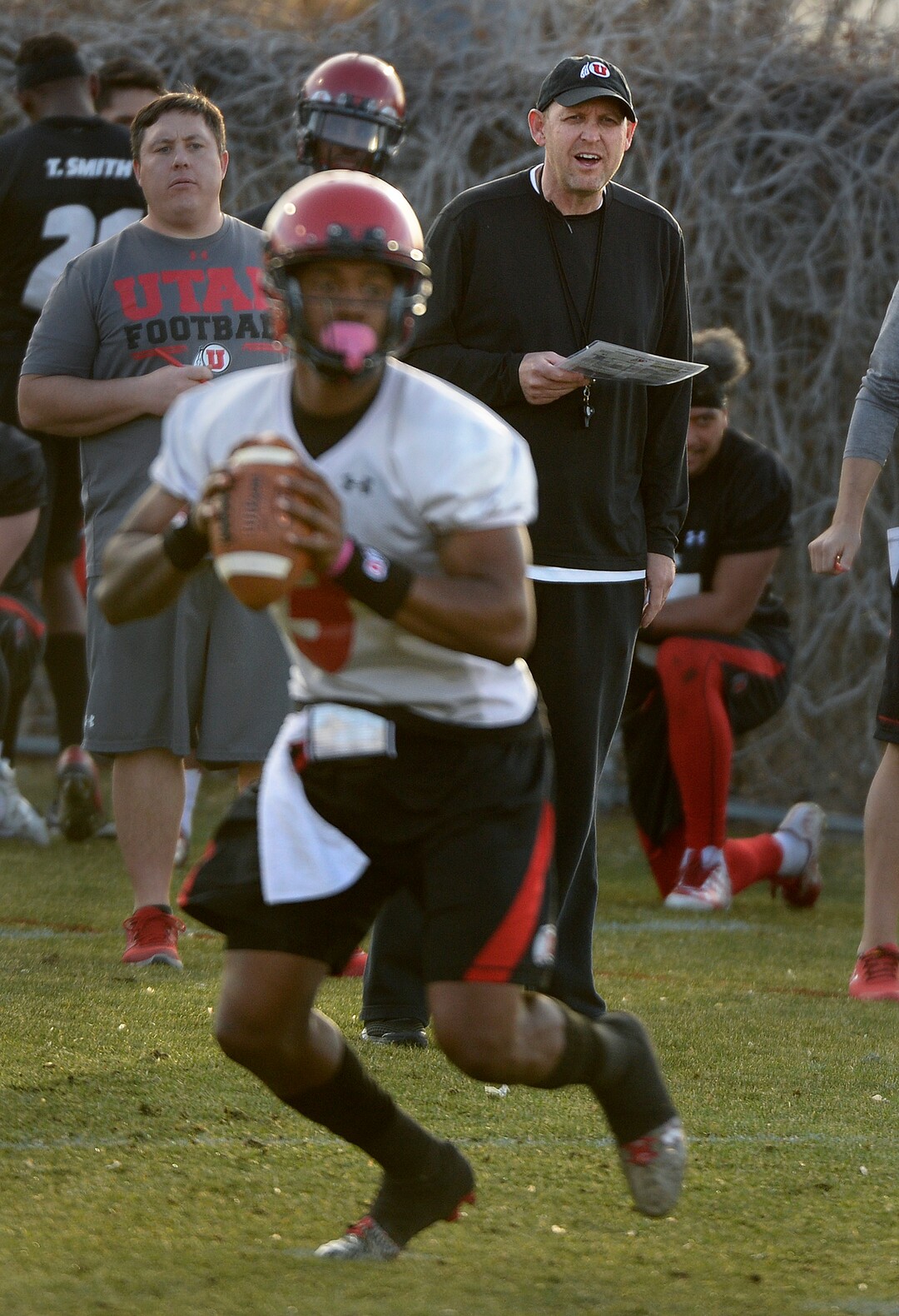 Scott Sommerdorf | The Salt Lake TribuneNew offensive coordinator Troy Taylor watches QB Troy Williams drop back during Utah football practice, Thursday, March 9, 2017.