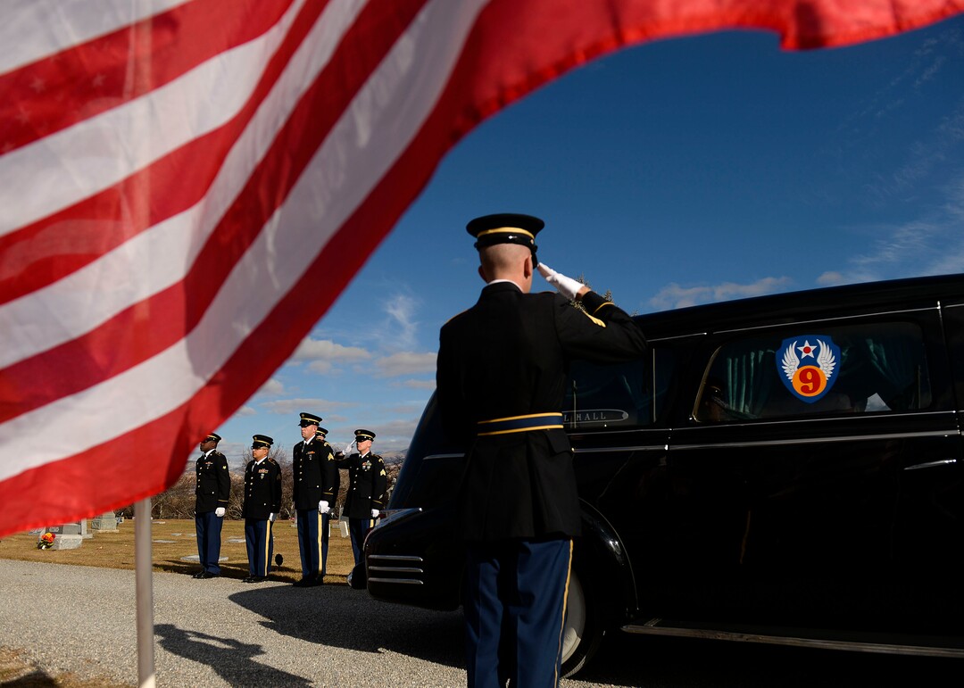 (Leah Hogsten  |  The Salt Lake Tribune)  World War II airman Max W. Lower is buried with full military honors and a military aircraft flyover on Saturday, November 23, 2019, the Lewiston City Cemetery, 77 years after he was deployed overseas. Lower, a radio operator on a B-24 Liberator bomber, was killed when the plane was shot down Aug. 1, 1943, over Ploiesti, Romania. The Lewiston native was 23.
