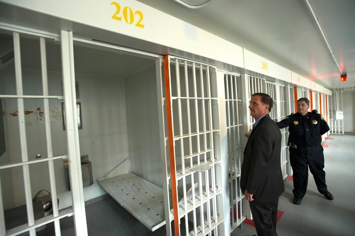(Rick Egan  |  The Salt Lake Tribune)  Rep. Chris Stewart takes a tour of one of the empty cell blocks at the Utah State Prison, Wednesday, August 23, 2017.


