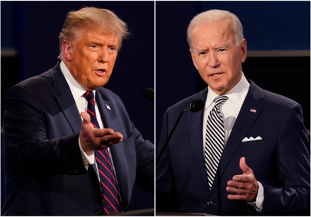 (AP Photo/Patrick Semansky) This combination of photos shows President Donald Trump, left, and former Vice President Joe Biden during the first presidential debate at Case Western University and Cleveland Clinic, in Cleveland, Ohio on Sept. 29, 2020. A staggering 97 percent of the jokes Stephen Colbert and Jimmy Fallon told about the candidates in September targeted President Donald Trump, a study released Monday found. That's 455 jokes about Trump, 14 about Democrat Joe Biden, according to the Center for Media and Public Affairs at George Mason University.
