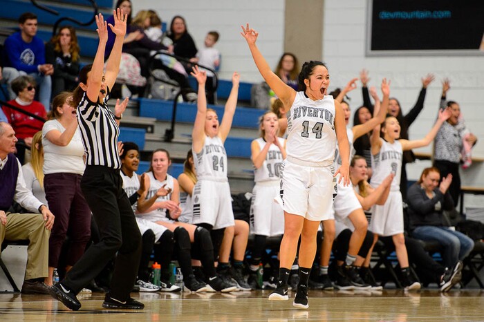 (Trent Nelson | The Salt Lake Tribune)  Riverton's Kaitlin Burgess (14) celebrates a three-pointer and 13-point lead as Riverton faces American Fork in the 6A High School Girls' Basketball Tournament at SLCC in Taylorsville, Tuesday Feb. 20, 2018.