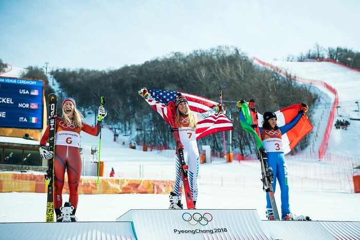 (Chris Detrick  |  The Salt Lake Tribune)  Italy's Federica Brignone, right, Norway's Ragnhild Mowinckel, left, and USA's Mikaela Shiffrin celebrate after Ladies' Giant Slalom at Yongpyong Alpine Centre during the Pyeongchang 2018 Winter Olympics Thursday, Feb. 15, 2018.  Shiffrin won the event with a time of 2:20.02. Mowinckel won silver and Brignone won bronze. 